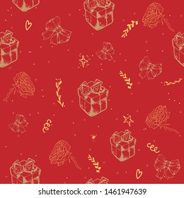 Vector seamless pattern with Gift boxes,ribbons, rose. Abstract colorful background. Design concept for holidays birthday greeting cards, festival decoration, gift card. Vector cartoon. isolated red