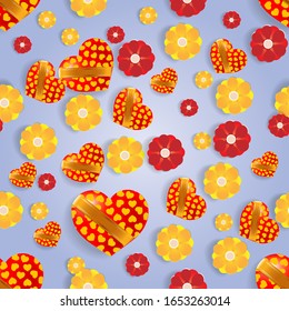 Vector seamless pattern with gift hearts and beautiful flowers.  Illustration used for magazine, book, poster, card, menu cover, web pages.. Illustration, Vector, Background.