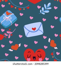 Vector seamless pattern with a gift, hearts, a love letter in an envelope, plants for Valentine's Day. Background for printing fabric, wallpaper, wrapping paper, scrapbooking, tablecloths, notebooks.