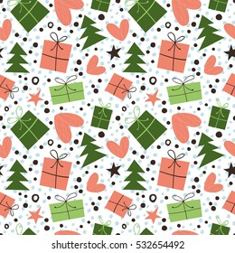 Vector seamless pattern gift, hearts and Christmas trees.