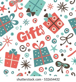 Vector seamless pattern gift, ribbons and confetti.