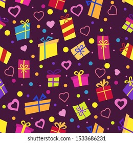 Vector Seamless pattern with gifts, confetti and heart. Many colorful gift boxes different shapes on dark background. can be used for cards for Christmas or birthday.