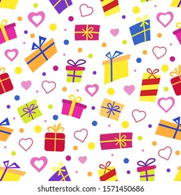 Vector Seamless pattern with gifts, confetti and heart. Many colorful gift boxes different shapes on white background. can be used for cards for Christmas or birthday.