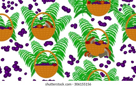 Vector seamless pattern with gifts of forests: baskets full of mushrooms and blueberries and fern leaves