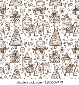 Vector seamless pattern with gifts and New Year elements. Pattern in graphic style. Year of the pig