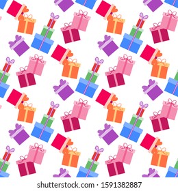 Vector seamless pattern Gifts on white background. Valentine's day, New Year, Merry Christmas, Birthday, wedding, Mother's day, Father's day. Festive background. Design for wrapping, fabric, print