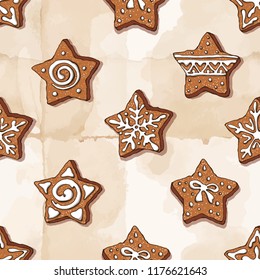 Vector seamless pattern with ginger bread cookies star shaped. On background looks like bakery paper. Holiday christmas design.