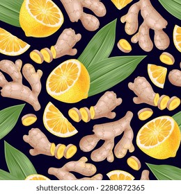 Vector seamless pattern with ginger and lemon