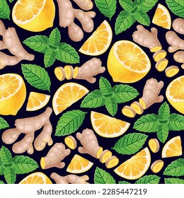 Vector seamless pattern with ginger and lemon