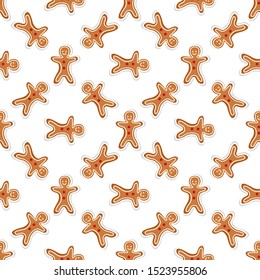 Vector seamless pattern with gingerbread. Christmas gingerbread cookies for greeting card, gift box, wallpaper, fabric, web design. Isolated on white.