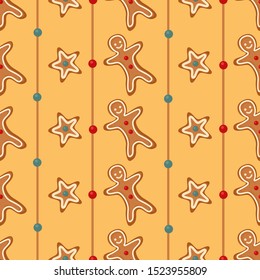 Vector seamless pattern with gingerbread. Christmas gingerbread cookies on orange background for greeting card, gift box, wallpaper, fabric, web design.