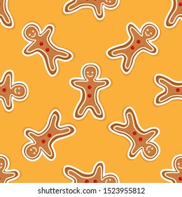 Vector seamless pattern with gingerbread. Christmas gingerbread cookies on orange background for greeting card, gift box, wallpaper, fabric, web design.