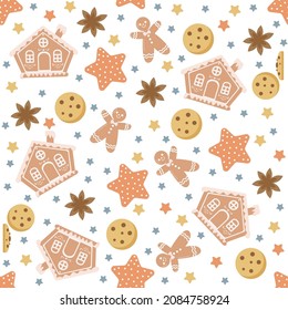 Vector seamless pattern with gingerbread. Christmas gingerbread houses, gingerbread men, cookies. Perfect for packaging, wrappers, fabrics, textiles. Christmas design