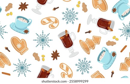 Vector seamless pattern with gingerbread, cocoa and mulled wine. New Year and Christmas treats with snowflakes. Background with cookies and drinks for wallpaper and packaging. Holiday baking