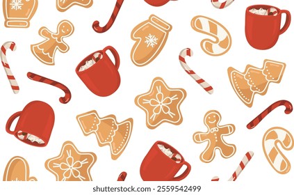 Vector seamless pattern with gingerbread and cocoa with cream. New Year and Christmas treats. Background with cookies and drinks for wallpaper and packaging. Holiday baking in different figures