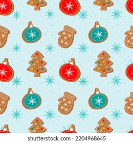 Vector seamless pattern with gingerbread and cookies on a blue background. Winter Christmas pattern. Symbols of a Happy New Year and Christmas. Home decorations, gift wrapping paper, covers, fabrics.