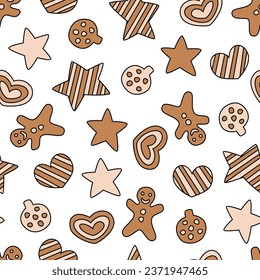 Vector seamless pattern with gingerbread cookies. Cute design for Christmas wrappings, textile, wallpaper and backgrounds.