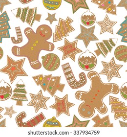 Vector seamless pattern with gingerbread cookies. Holiday sweets on white background
