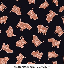 Vector seamless pattern with gingerbread dogs. Cute New Year background with cookie puppy. Illustration in flat style with doodle ornament.