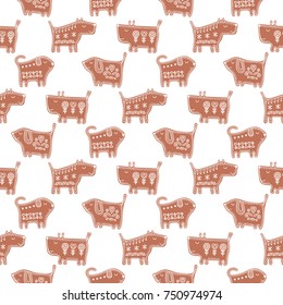 Vector seamless pattern with gingerbread dogs. Cute New Year background with cookie puppy. Illustration in flat style with doodle ornament.