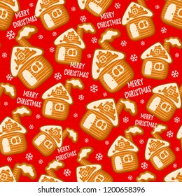 Vector seamless pattern with gingerbread in the form of house with glaze on the red background with snowflakes. Text Merry Christmas.