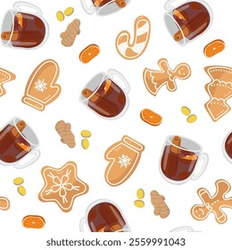 Vector seamless pattern with gingerbread and hot tea. New Year and Christmas treats with oranges. Cookies image for wallpaper and packaging. Holiday baking