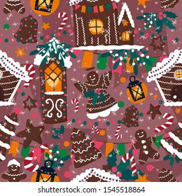 Vector seamless pattern with gingerbread houses. Endless background with tradtional Christmas objects and symbols. Colorful holiday design for wallpaper, paper wrap, fabric, textile, surfaces.
