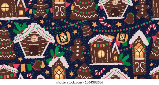 Vector seamless pattern with gingerbread houses. Endless background with traditional Christmas objects and symbols. Colorful holiday design for wallpaper, paper wrap, fabric, textile, surfaces.