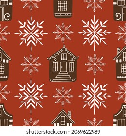 Vector seamless pattern with gingerbread houses and decorative snowflakes on festive red background