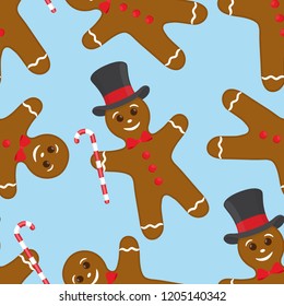 Vector seamless pattern with gingerbread man in top hat, funny character with sweet candy for Christmas holiday. Tasty bakery, sweet confectionery with icing glaze. Cheerful brown cookie, biscuit.