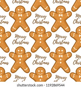 Vector seamless pattern with gingerbread men with ornament of glaze isolated on the white background. Text Merry Christmas.