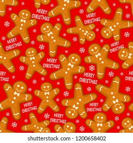 Vector seamless pattern with gingerbread men with ornament of glaze on the red background with snowflakes. Text Merry Christmas.