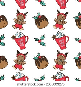 Vector seamless pattern with gingerbread men and mugs with cocoa and cream