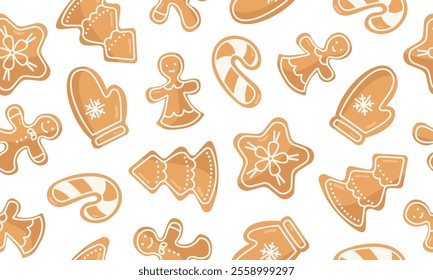 Vector seamless pattern with gingerbread. New Year and Christmas sweet treats. Cookies image for wallpaper, packaging and banners. Holiday baking in different figures