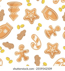 Vector seamless pattern with gingerbread. New Year and Christmas sweet treats with ginger. Cookies image for wallpaper, packaging and banners. Holiday baking in different figures