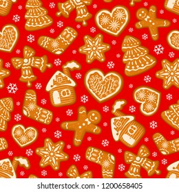 Vector seamless pattern with gingerbreads in the form of christmas bells, sock, heart, house, man, tree, star with ornament of glaze. Red background with snowflakes.