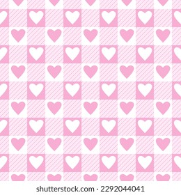 Vector seamless pattern with gingham check and hearts in pink and white colours for Valentines day