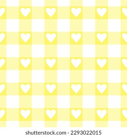 Vector seamless pattern with gingham check and hearts in yellow and white colours for Valentines day