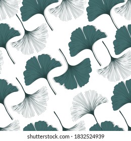 Vector seamless pattern with ginkgo biloba leaves.