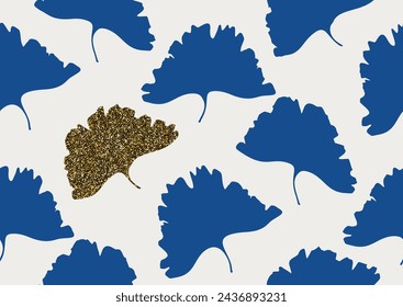 Vector seamless pattern with ginkgo biloba leaves. Golden glitter texture