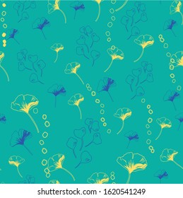 Vector seamless pattern ginko wax with blue ginkgo leaves, yellow dots and turquoise background. Perfect for fabric, scrapbooking, wallpaper, home decor projects.