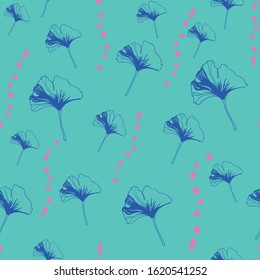 Vector seamless pattern ginko wax with blue ginkgo leaves, pink dots and turquoise background Perfect for fabric, scrapbooking, wallpaper, home decor projects.