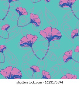 Vector seamless pattern ginko wax with pink and purple ginkgo leaves and turquoise background with pink arabesques. Perfect for fabric, scrapbooking, wallpaper, home decor projects.