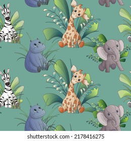 Vector seamless pattern with giraffe, hippo, elephant, zebra with leaves, branches. Bright illustration for fabric design, textile, kids room decoration, poster, wrapping paper, wallpaper, packaging.