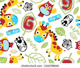 Vector seamless pattern of giraffe and owl cartoon with leaves