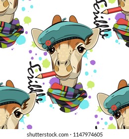 Vector seamless pattern with giraffe, pencil, blue beret and scarf. Hand drawn illustration of dressed giraffe. Camelopard-artist.