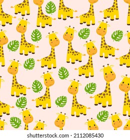 Vector seamless pattern of giraffes and leaves on a very light shade of the red-orange background.