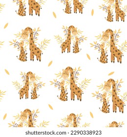 
Vektornahtloses Muster mit Giraffen. Giraffen in der Natur. Giraffe in einer Rotation in Blumen und Blättern.