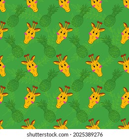 Vector seamless pattern with giraffes, pineapples and palm leaves. Tropical pattern with leaves, fruits and cartoon animals. Print for textiles