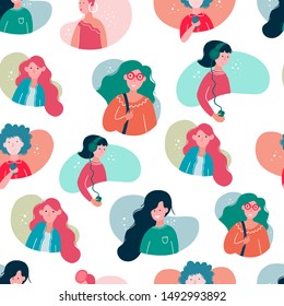 Vector seamless pattern with girl avatars, different women type, young women in cartoon style isolated on white background.